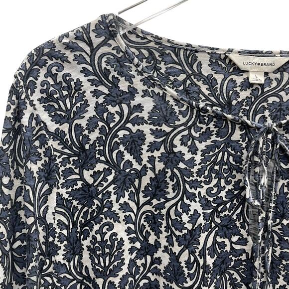 Lucky Brand Vine Print Peasant Top Wide Smocked Cuffs Size Large - Picture 2 of 9